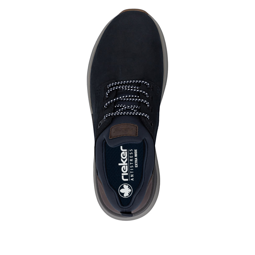 Mocassins Rieker bleus homme 06050-14 en cuir suédé avec bande élastique. Semelle extérieure de la chaussure.