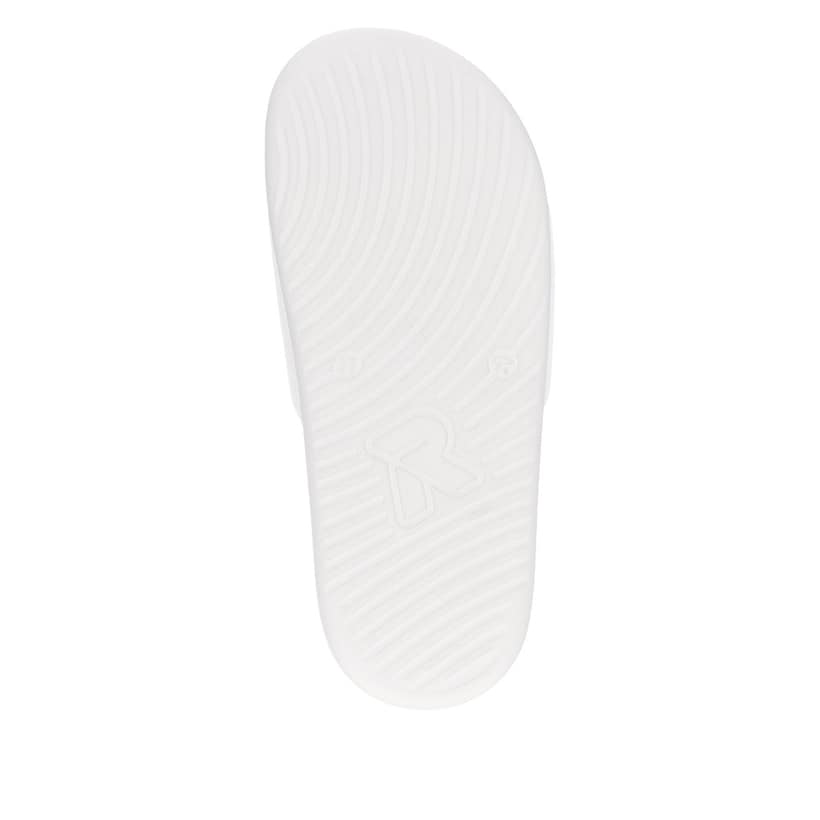Weiße Rieker Damen Pantoletten W3250-80 mit ultraleichter und dämpfender Sohle. Schuh Laufsohle.