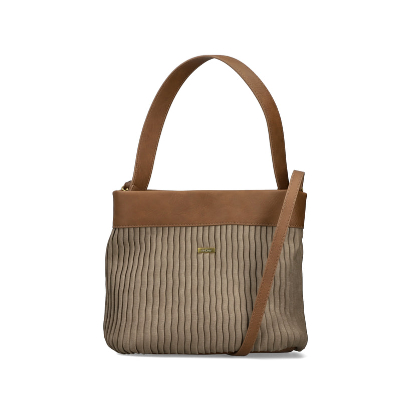 Rieker Handtasche H1654-60 in Beige mit Lamellen-Optik, Reißverschluss und Handyfach. Vorderseite.