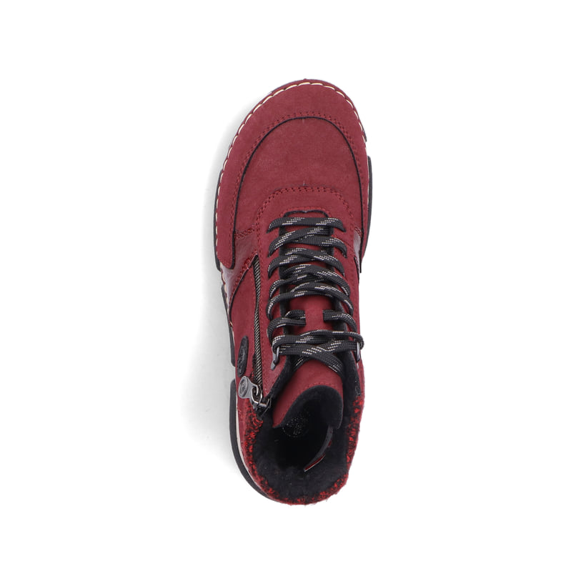 Dunkelrote Rieker Damen Schnürstiefel 45960-35 mit einem Reißverschluss. Schuh von oben.