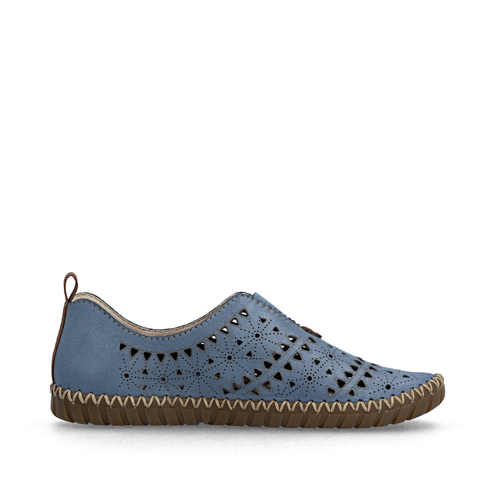 Blaue Rieker Damen Slipper M2852-12 aus Glattleder, Barfußschuhe. Schuh Innenseite.