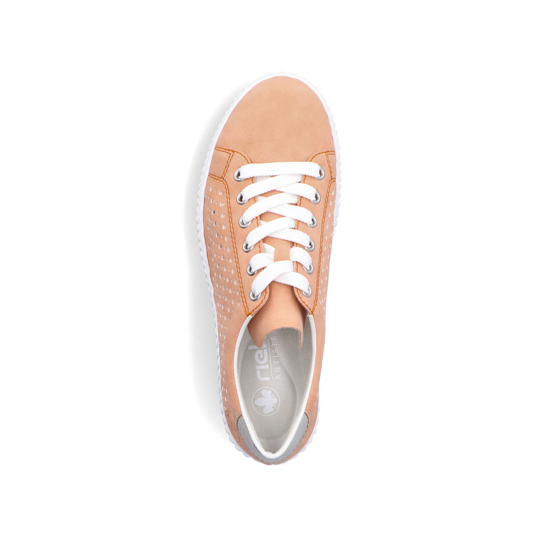 Orangene Rieker Damen Sneaker Low M3901-38 mit einer Schnürung sowie Löcheroptik. Schuh von oben.