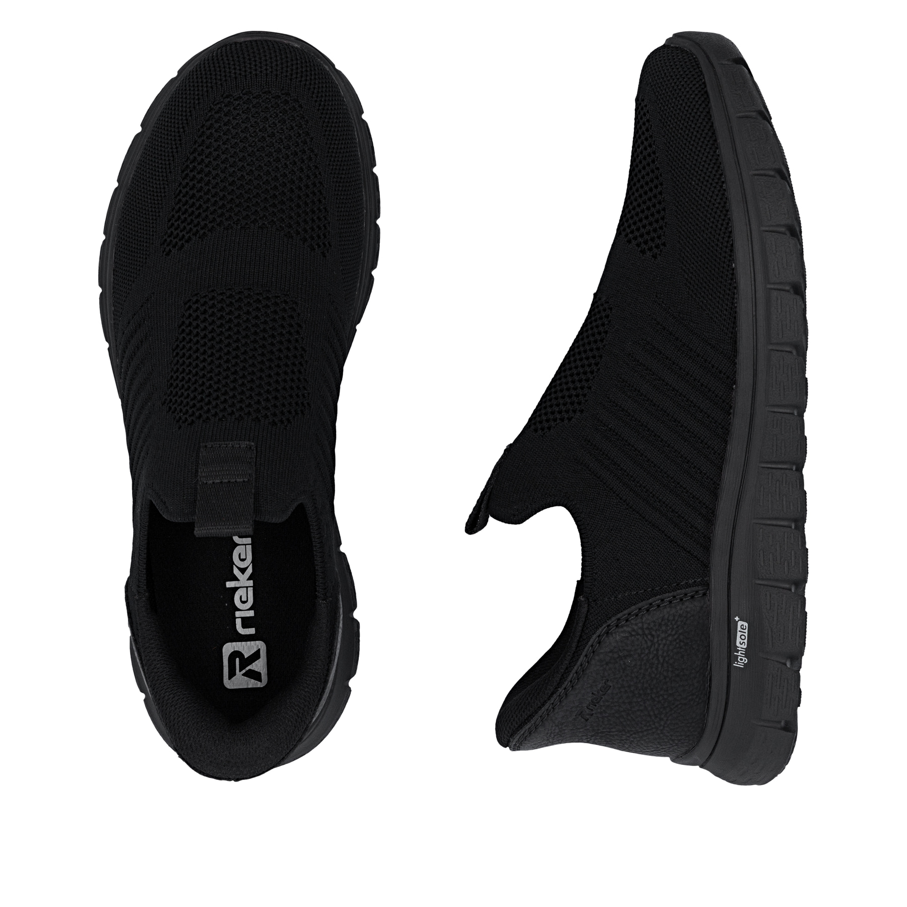 Mocassins Rieker noirs pour homme B6659-01 avec fonction easy in Ready2GO. Chaussure vue de dessus, couchée.
