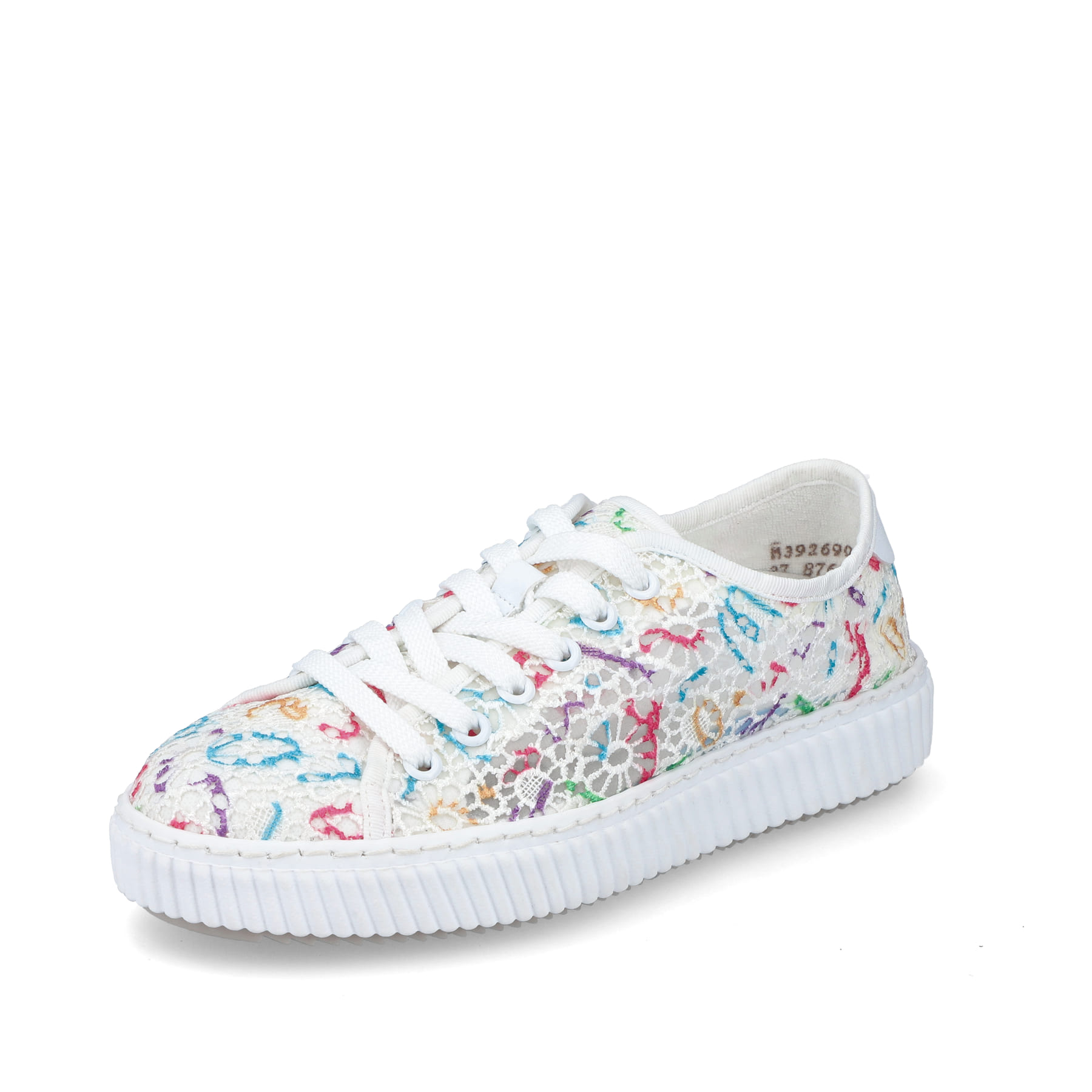 Bunte vegane Rieker Damen Sneaker Low M3926-90 mit einer Schnürung. Schuh seitlich schräg.