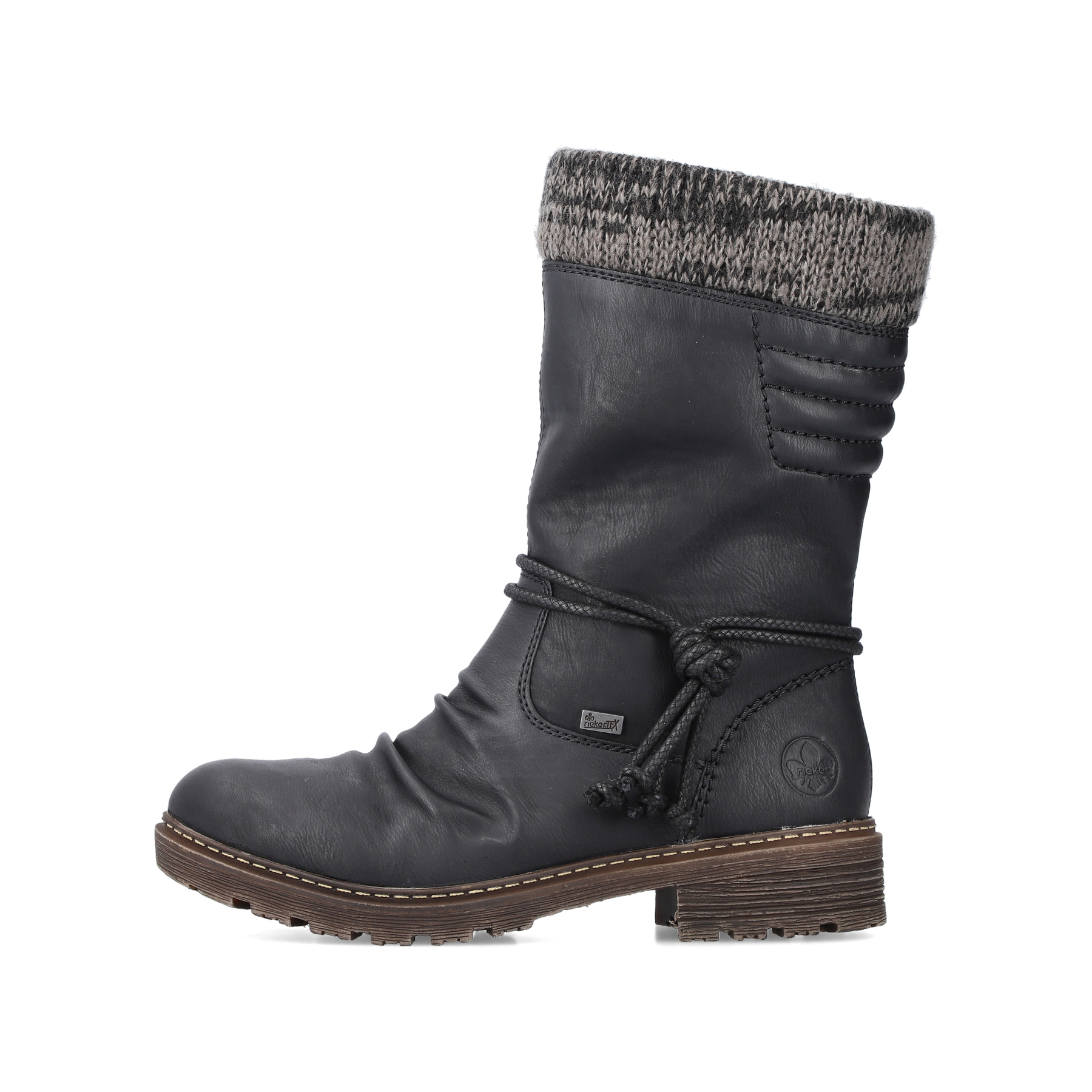 Schwarze Rieker Damen Hochschaftstiefel Z4755-00 mit Strick-Kragen. Schuh Außenseite.