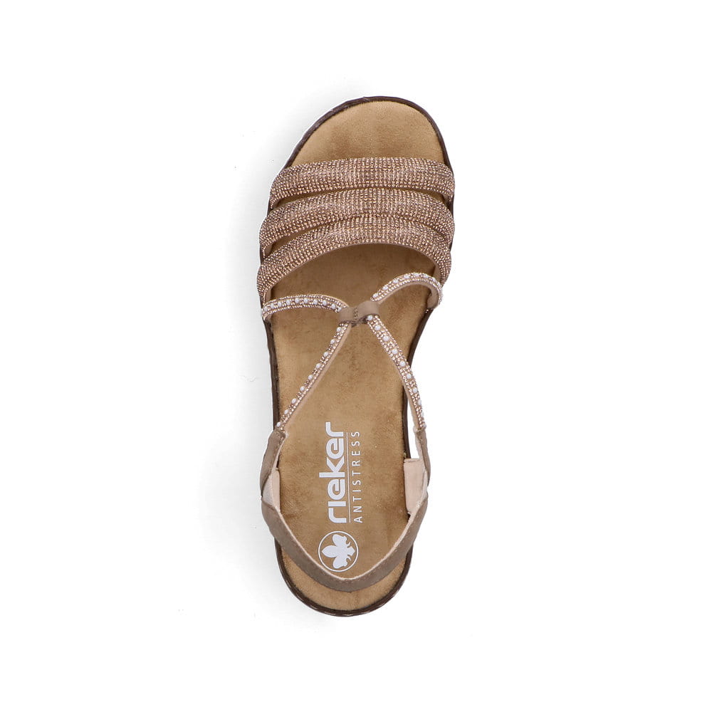 Braune Rieker Keilsandaletten 62977-90 mit Strasssteinen sowie einem Gummizug. Schuh von oben.