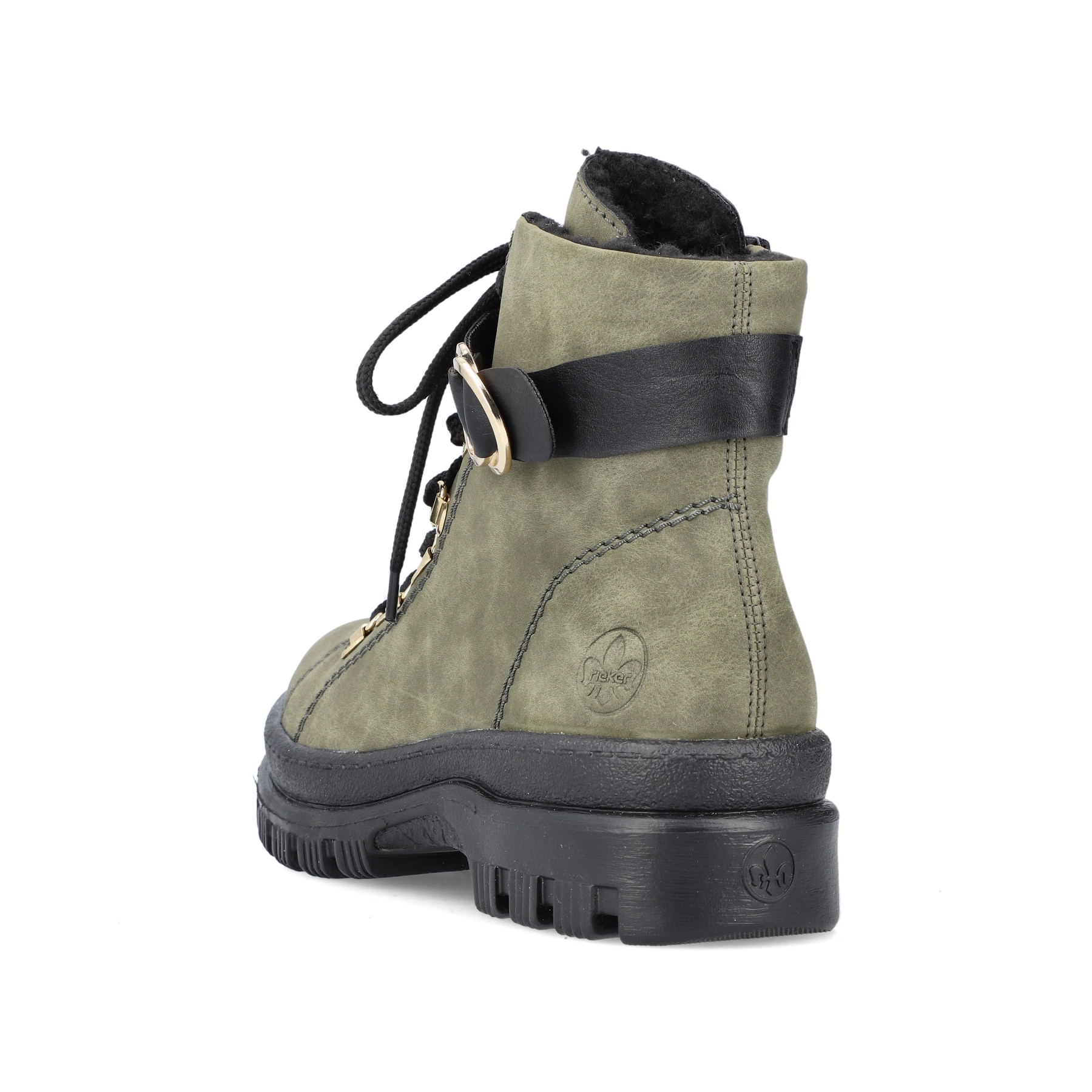 
Laubgrüne Rieker Damen Biker Boots X9023-54 mit einer robusten Profilsohle. Schuh von hinten
