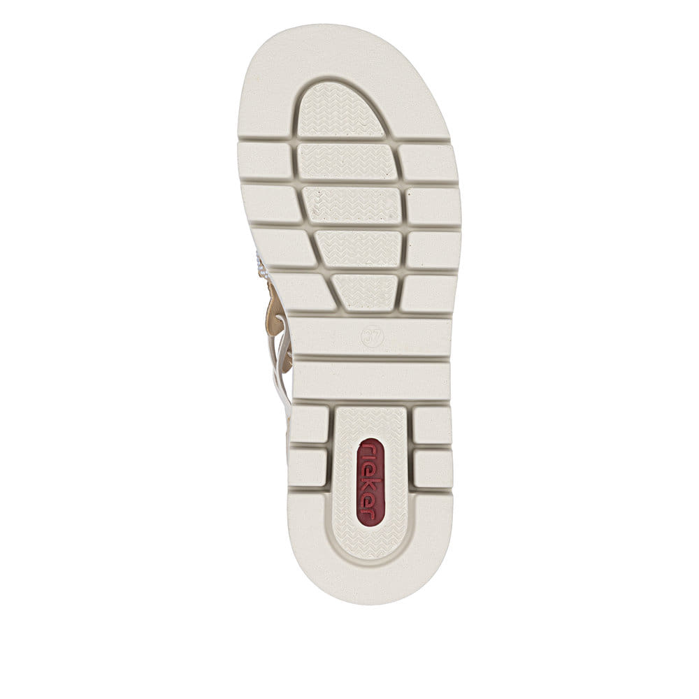 Beige Rieker Keilsandaletten V4941-60 mit Strasssteinen sowie einem Gummizug. Schuh Laufsohle.