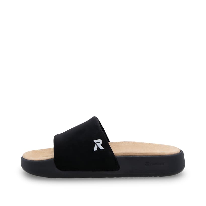Schwarze Rieker Damen Pantoletten W3250-00 mit flexibler und ultraleichter Sohle. Schuh Außenseite.