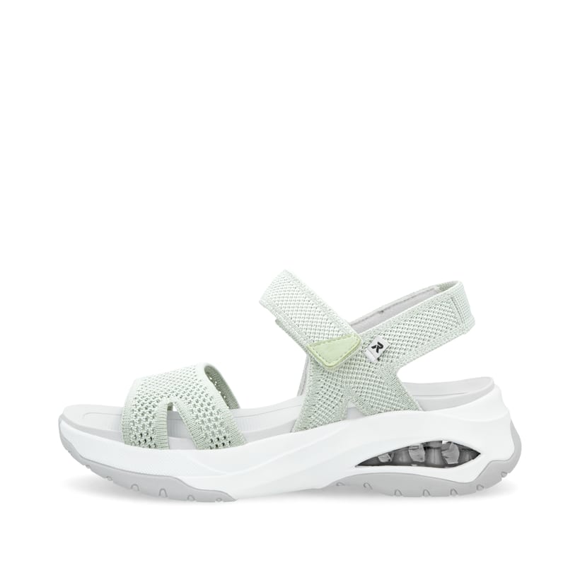 Grüne vegane Rieker Damen Trekkingsandalen W3152-52 mit einem Klettverschluss. Schuh Außenseite.
