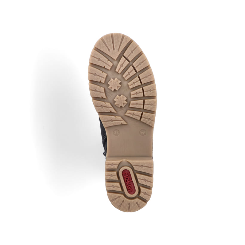 Graphitschwarze Rieker Damen Schnürstiefel Y7418-00 mit einer robusten Profilsohle. Schuh Laufsohle