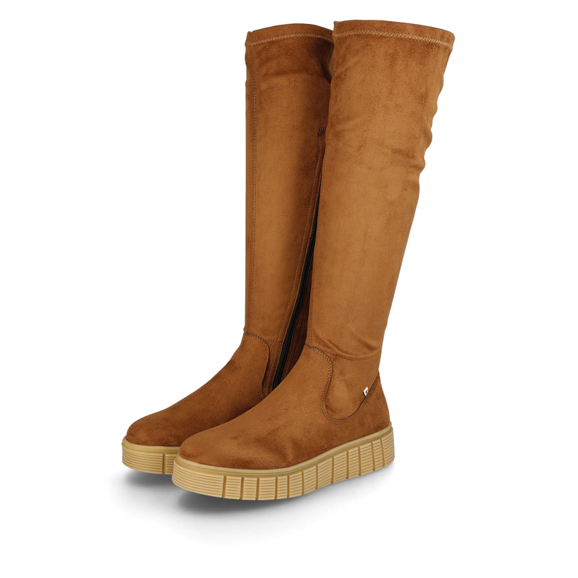 Braune Rieker Damen Hochschaftstiefel W1080-24 mit TR-Sohle mit weichem EVA-Inlet. Schuhpaar seitlich schräg.