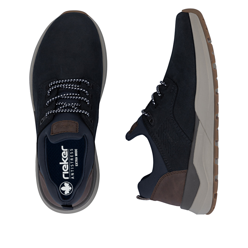 Mocassins Rieker bleus homme 06050-14 en cuir suédé avec bande élastique. Chaussure vue de dessus, couchée.