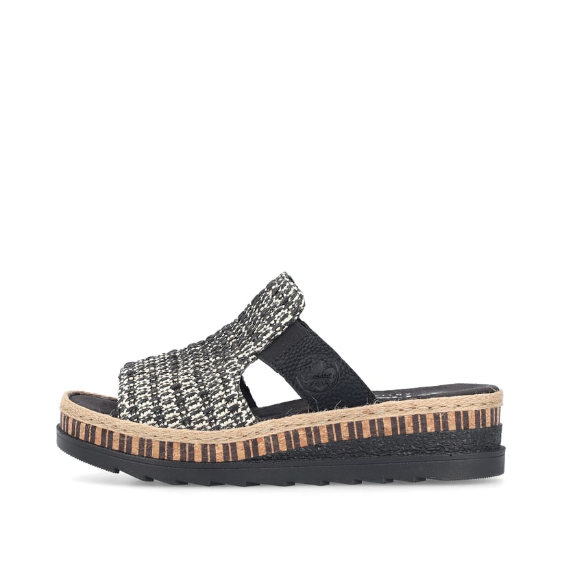 Schwarze Rieker Damen Pantoletten V7953-00 mit einem Gummizug. Schuh Außenseite.