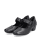Schwarze Rieker Pumps 41756-00 aus Glattleder mit einem Klettverschluss. Schuhpaar seitlich schräg.