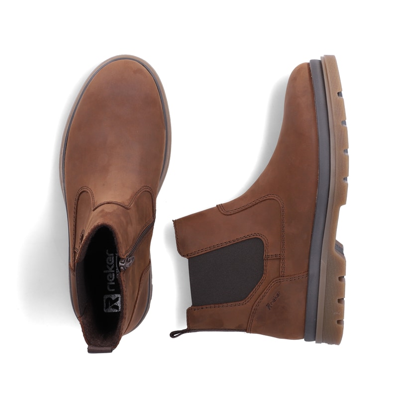 Braune Rieker Herren Chelsea Boots F7051-23 aus Rauleder mit Reißverschluss. Schuh von oben, liegend.