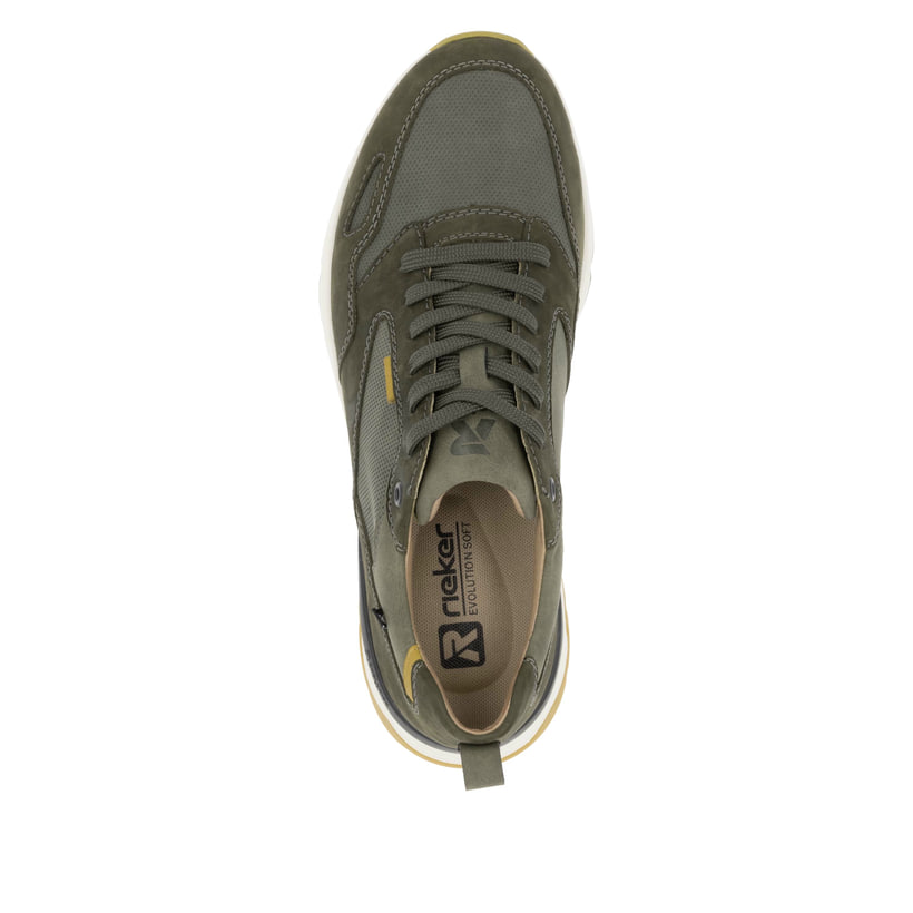 Grüne Rieker Herren Sneaker Low U0903-54 mit super leichter und flexibler Sohle. Schuh von oben.