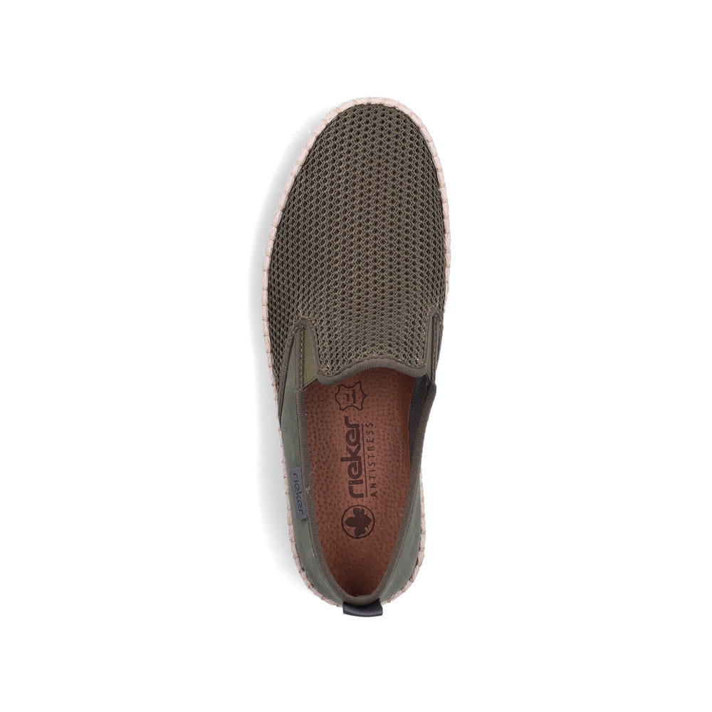 Mocassins Rieker verts pour homme B2661-54 avec bande élastique. Chaussure vue de dessus.