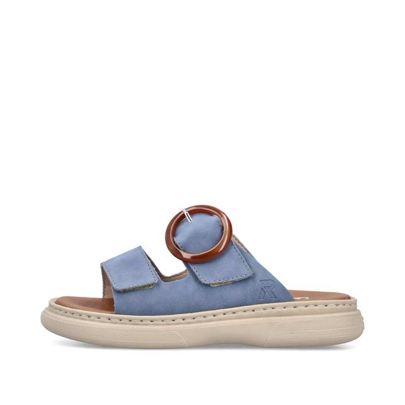 Mules Rieker bleues pour femme V3050-14 avec boucle tendance. Côté extérieur de la chaussure.