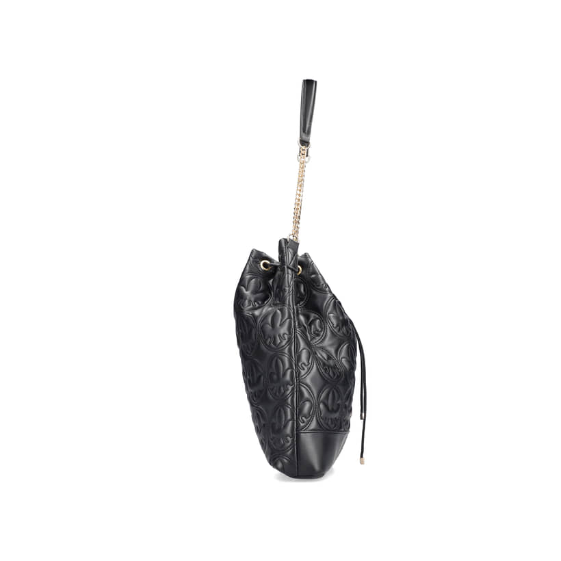 Sac bandoulière Rieker H1023-00 en noir à resserrer avec une chaîne dorée en tant que bandoulière. Ouvert.