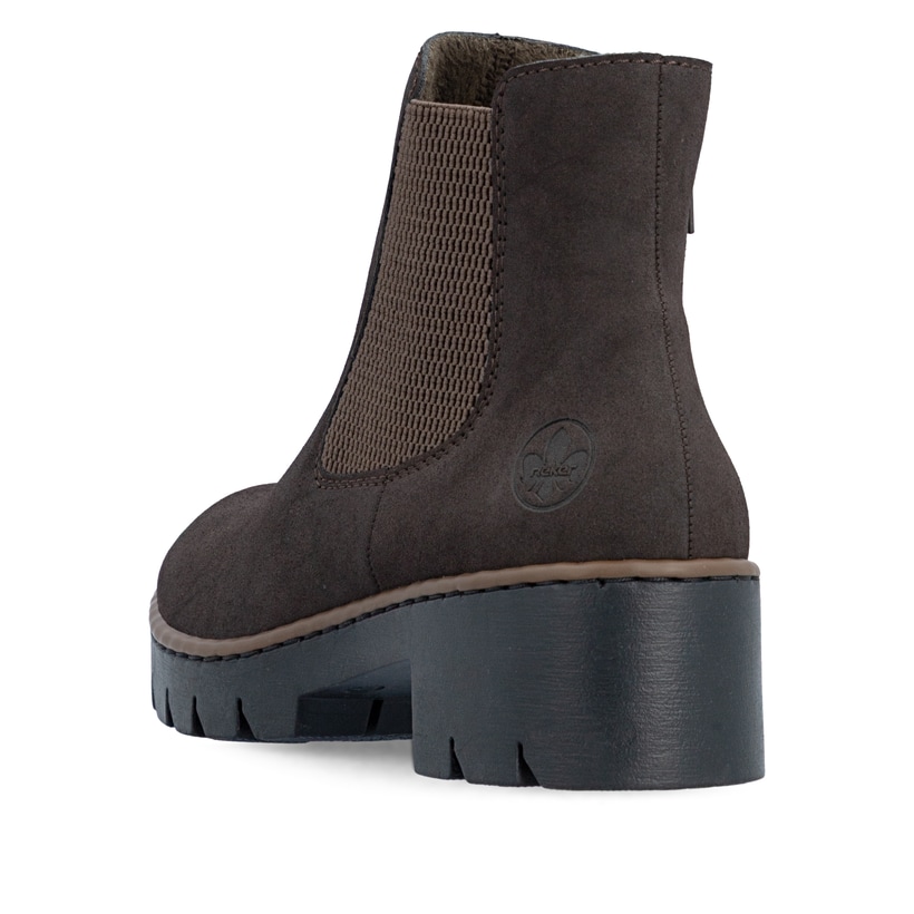 Dunkelbraune Rieker Damen Chelsea Boots X5772-25 mit einem Reißverschluss. Schuh von hinten.