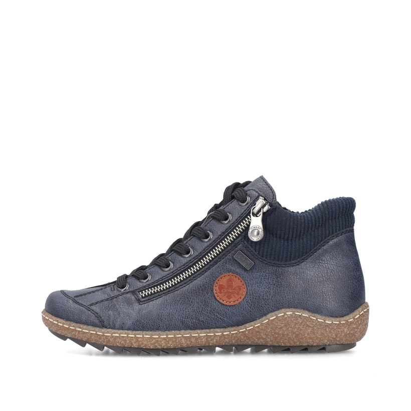 Dunkelblaue Rieker Damen Kurzstiefel L7514-15 mit wasserabweisender TEX-Membran. Schuh Außenseite.