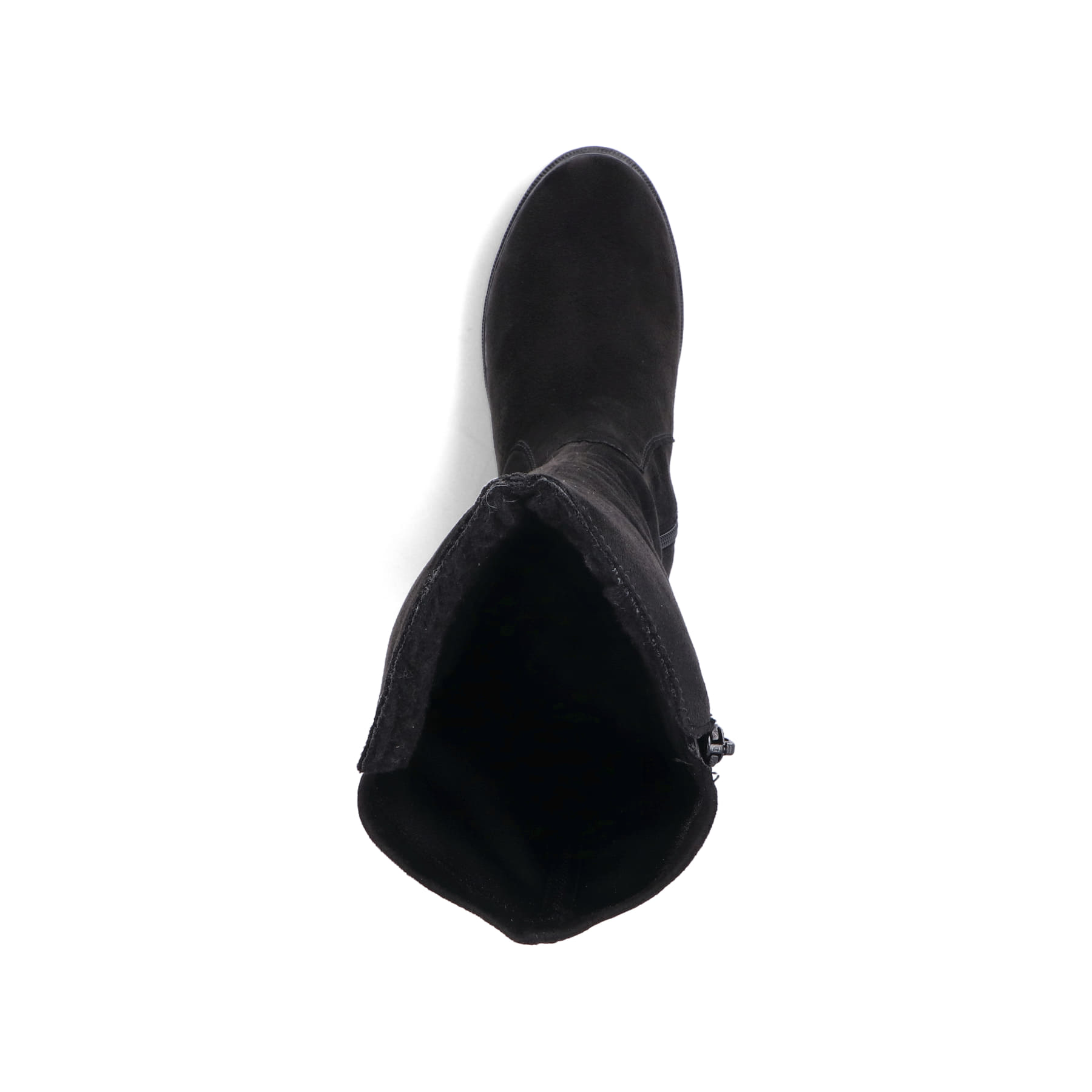 Tiefschwarze Rieker Damen Hochschaftstiefel 76890-00 mit einer robusten Profilsohle. Schuh von oben