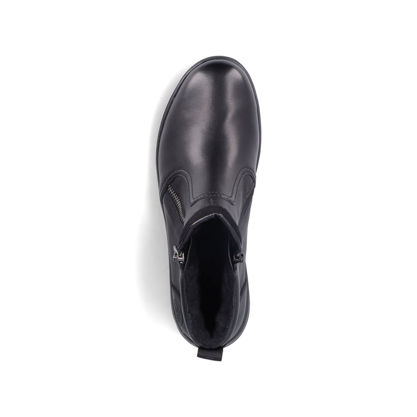 Schwarze Rieker Damen Kurzstiefel Z0060-00 aus Glattleder mit Reißverschluss. Schuh von oben.