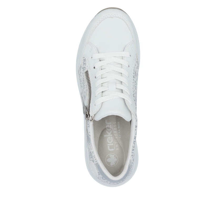 Baskets basses Rieker blanches pour femme N1403-80 avec fermeture éclair. Chaussure vue de dessus.