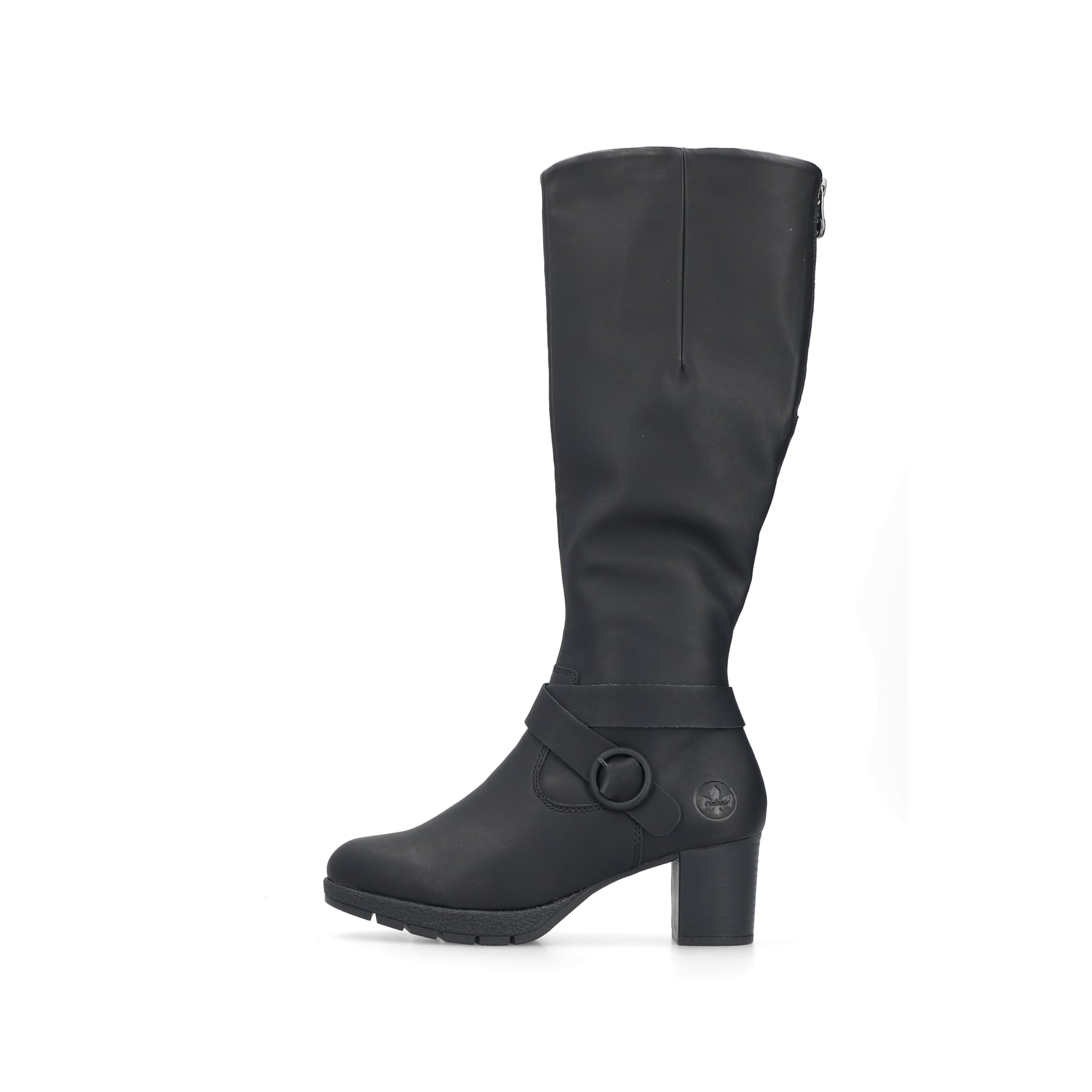 Schwarze Rieker Damen Hochschaftstiefel 77690-00 mit einem Reißverschluss. Schuh Außenseite.