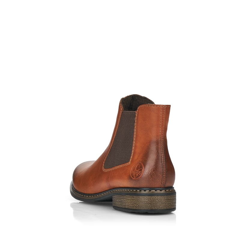 
Nougatbraune Rieker Damen Chelsea Boots Z4994-24 mit einer schockabsorbierenden Sohle. Schuh von hinten