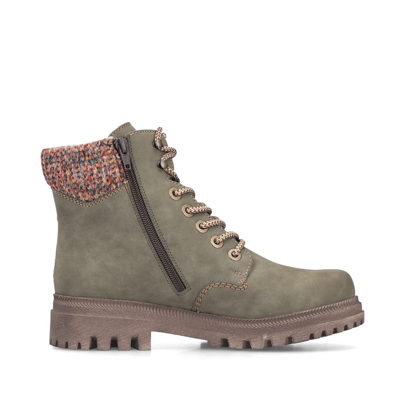 Hellgrüne Rieker Damen Schnürstiefel Y7621-54 mit Strick-Kragen. Schuh Innenseite.