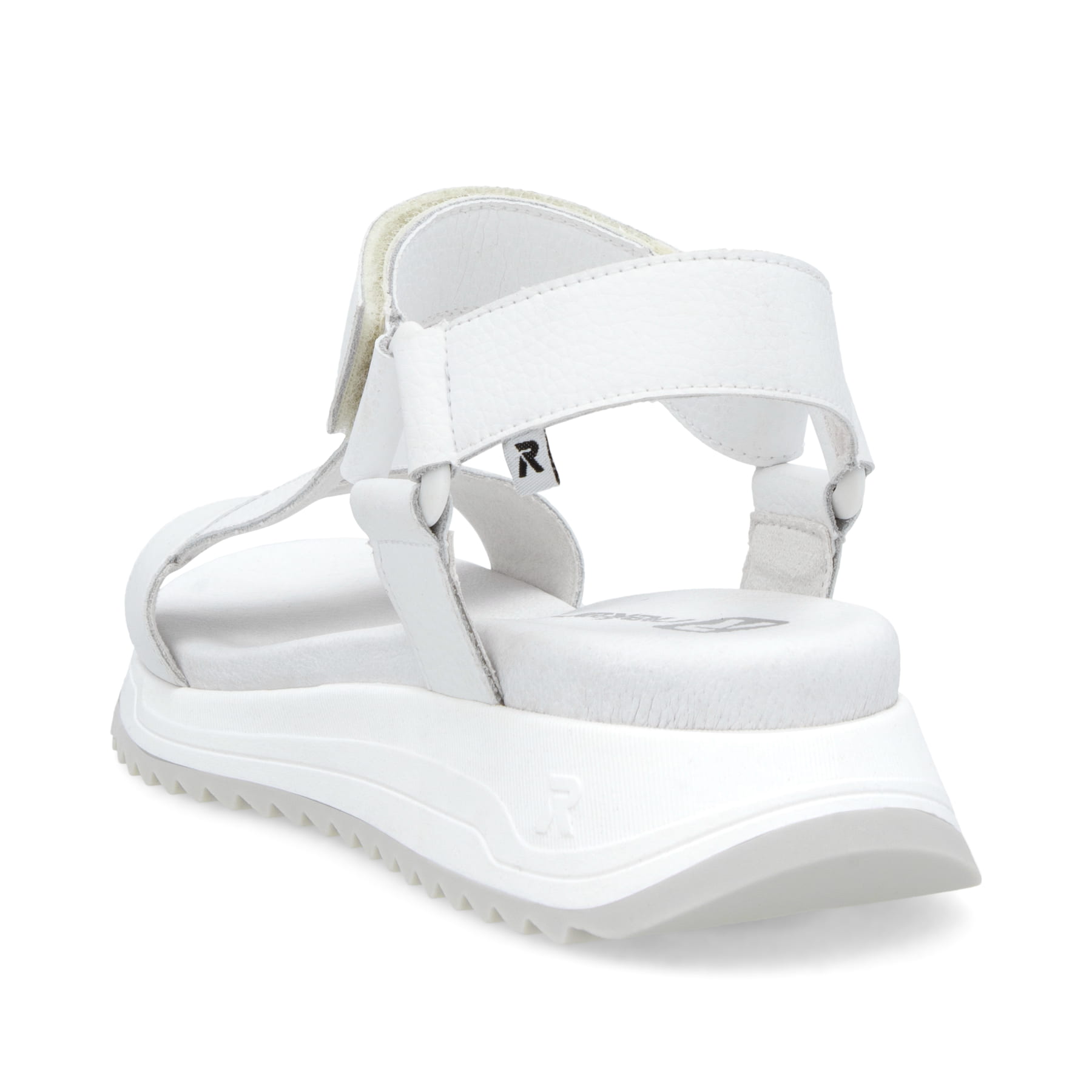 Weiße Rieker Damen Trekkingsandalen W2951-80 mit einem Klettverschluss. Schuh von hinten.