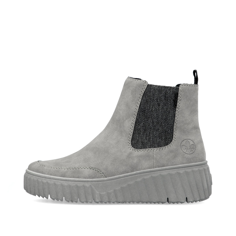 Weiße Rieker Damen Slipper N2162-80 mit Gummischnürung sowie geprägtem Logo. Schuh Außenseite gespiegelt.