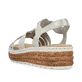 Graue Rieker Keilsandaletten 62771-40 mit Schmuckelementen sowie einem Gummizug. Schuh von hinten.