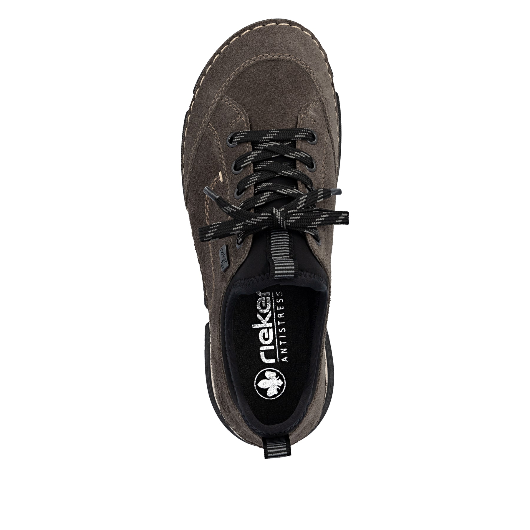 Dunkelgraue Rieker Damen Slipper 45976-45 aus Rauleder. Schuh von oben.