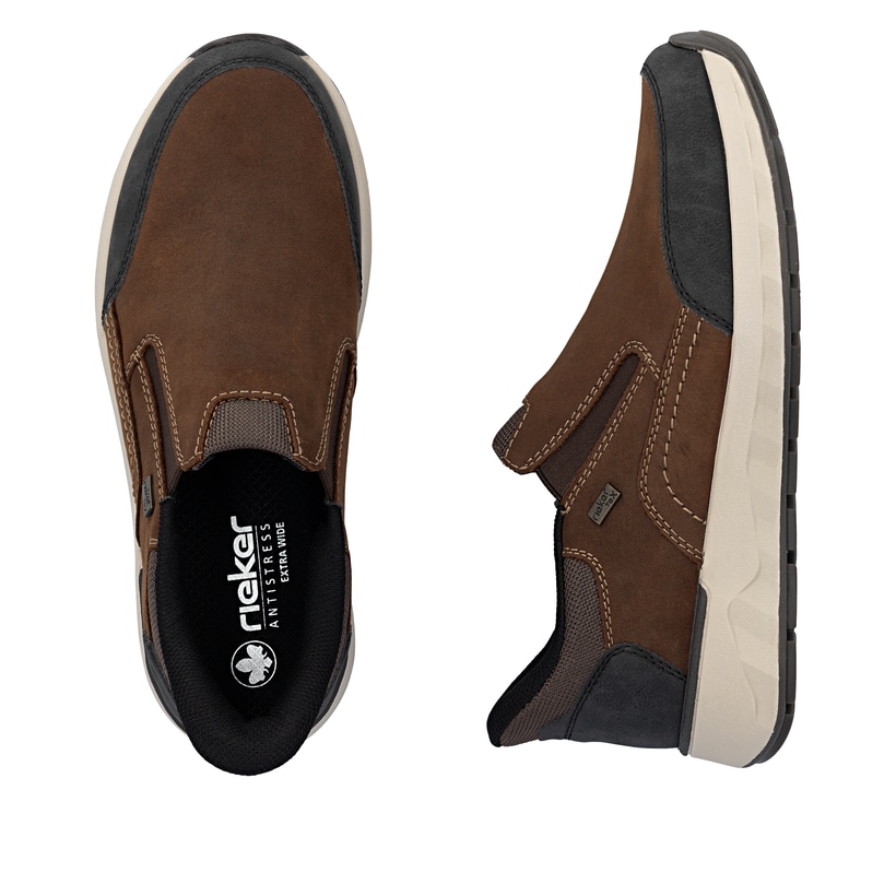 Braune Rieker Herren Slipper 11551-22 aus Rauleder. Schuh von oben, liegend.
