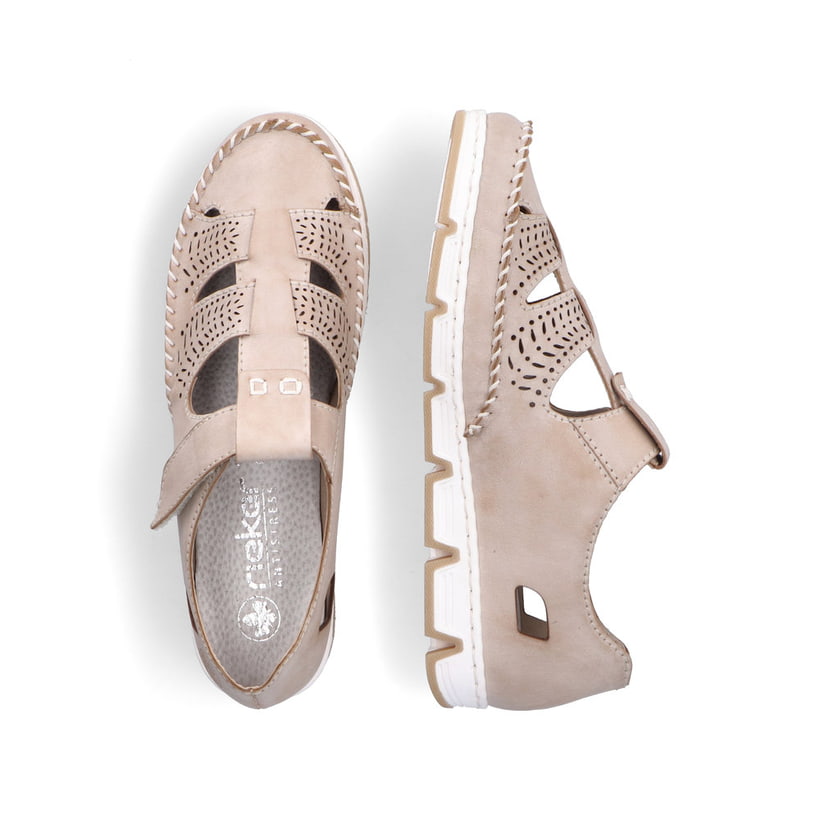 Beige Rieker Damen Slipper 49958-61 aus Glattleder, Barfußschuhe. Schuh von oben, liegend.