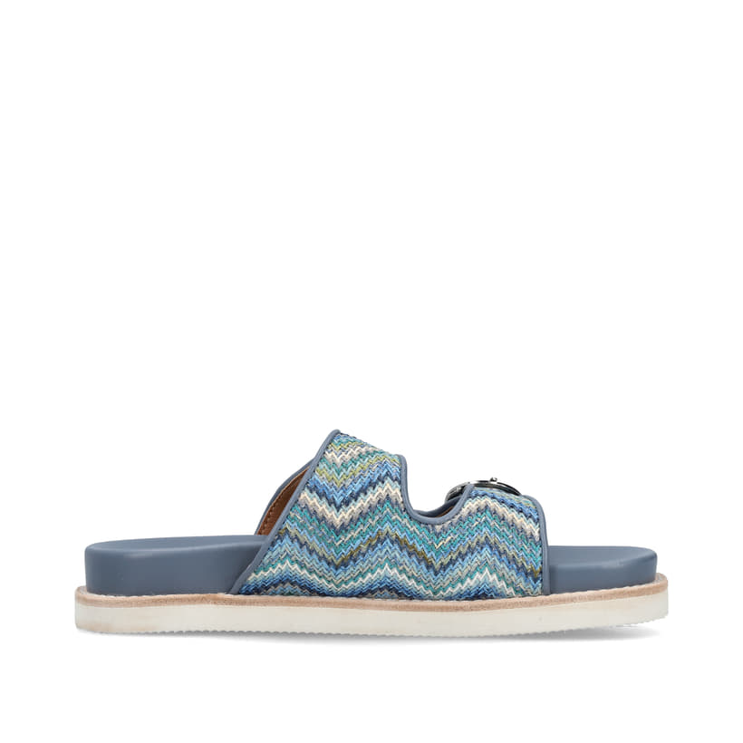 Mehrfarbige Rieker Damen Pantoletten V9584-91 mit einem Schnallen. Schuh Innenseite.