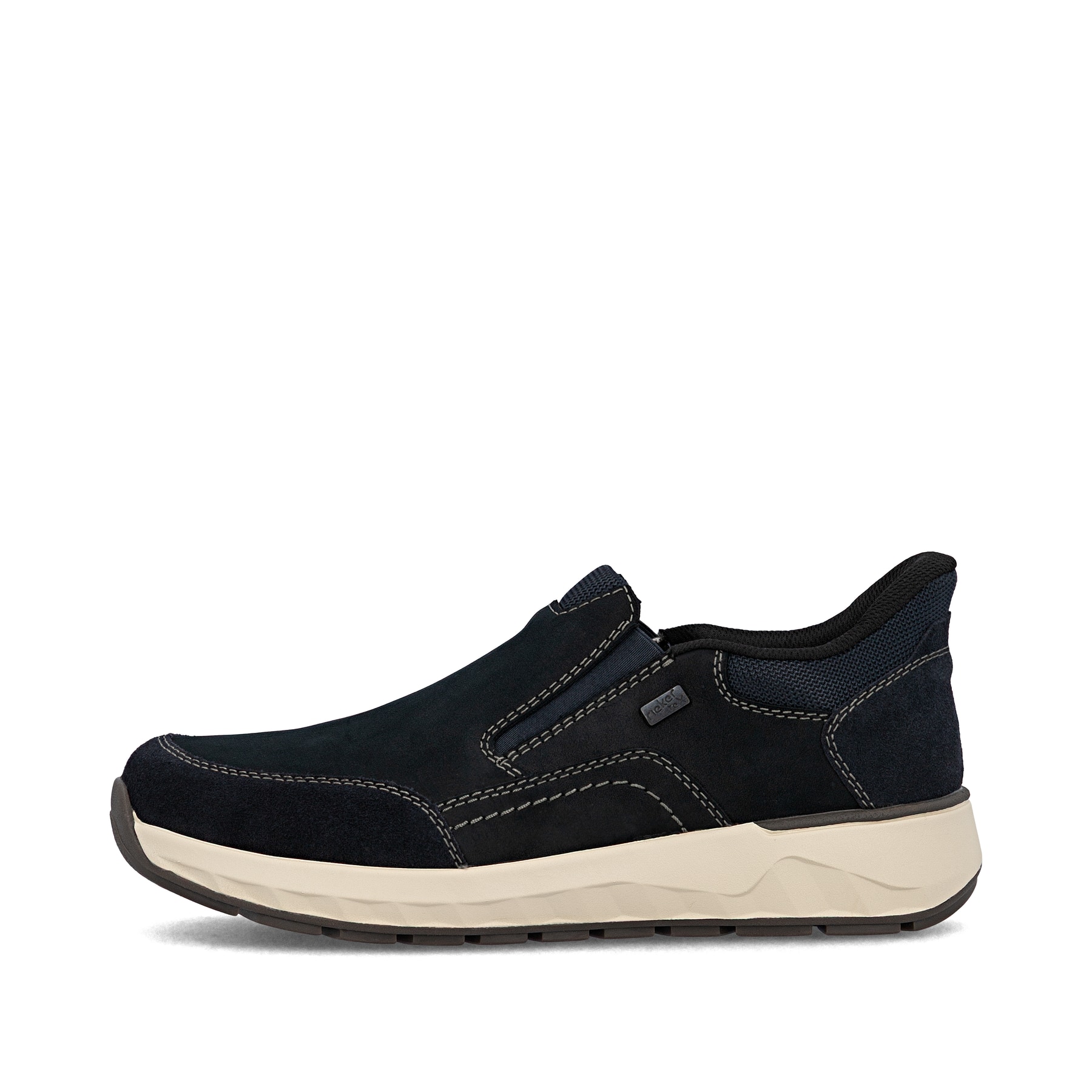 Mocassins Rieker bleus pour homme 11551-14 en cuir suédé. Côté extérieur de la chaussure.
