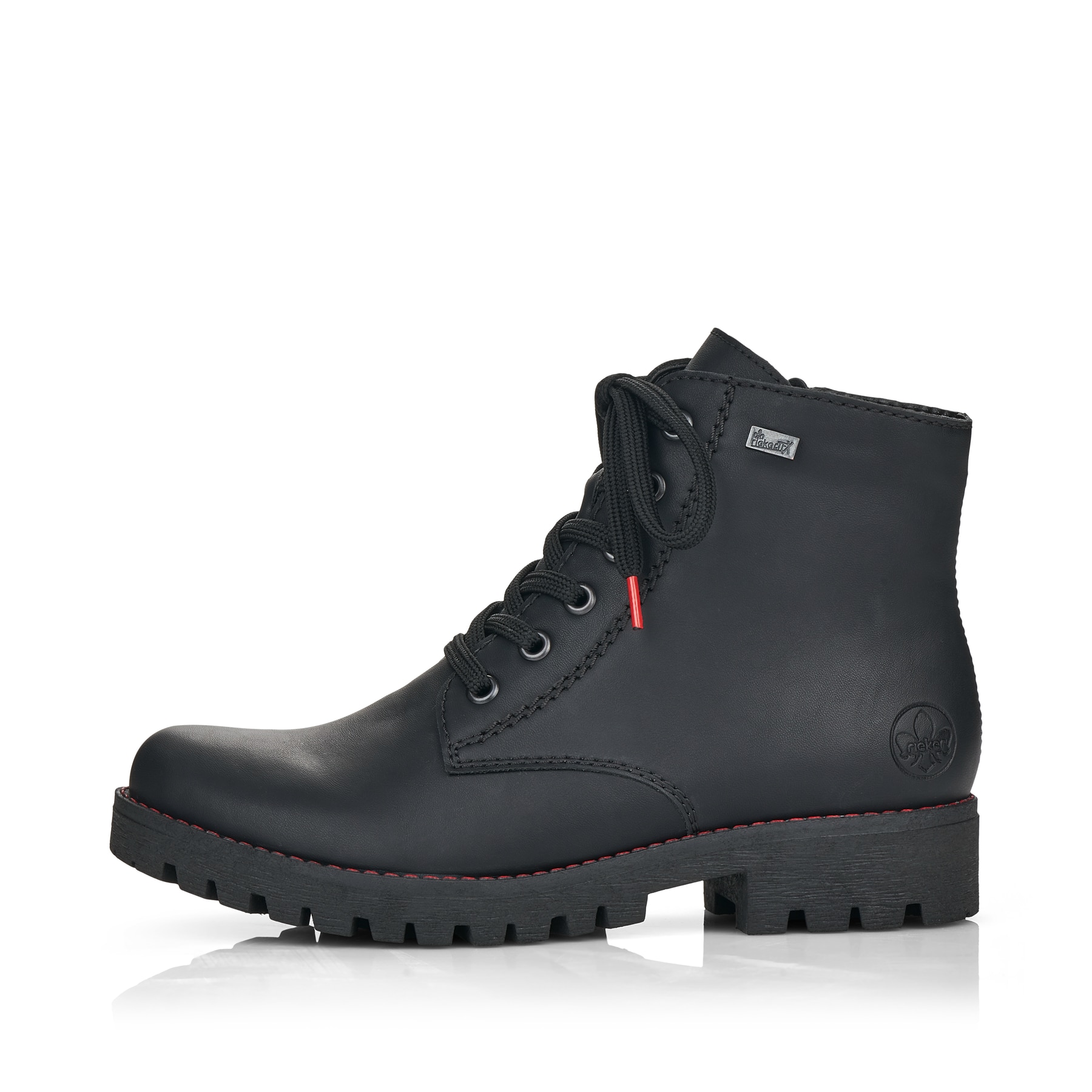 Tiefschwarze Rieker Damen Schnürstiefel 785M1-00 mit einer robusten Profilsohle. Schuh Außenseite