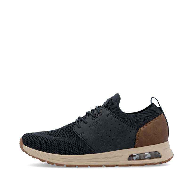 Blaue Rieker Herren Slipper B1054-14 mit Rieker Air Sohlenfenster. Schuh Außenseite.