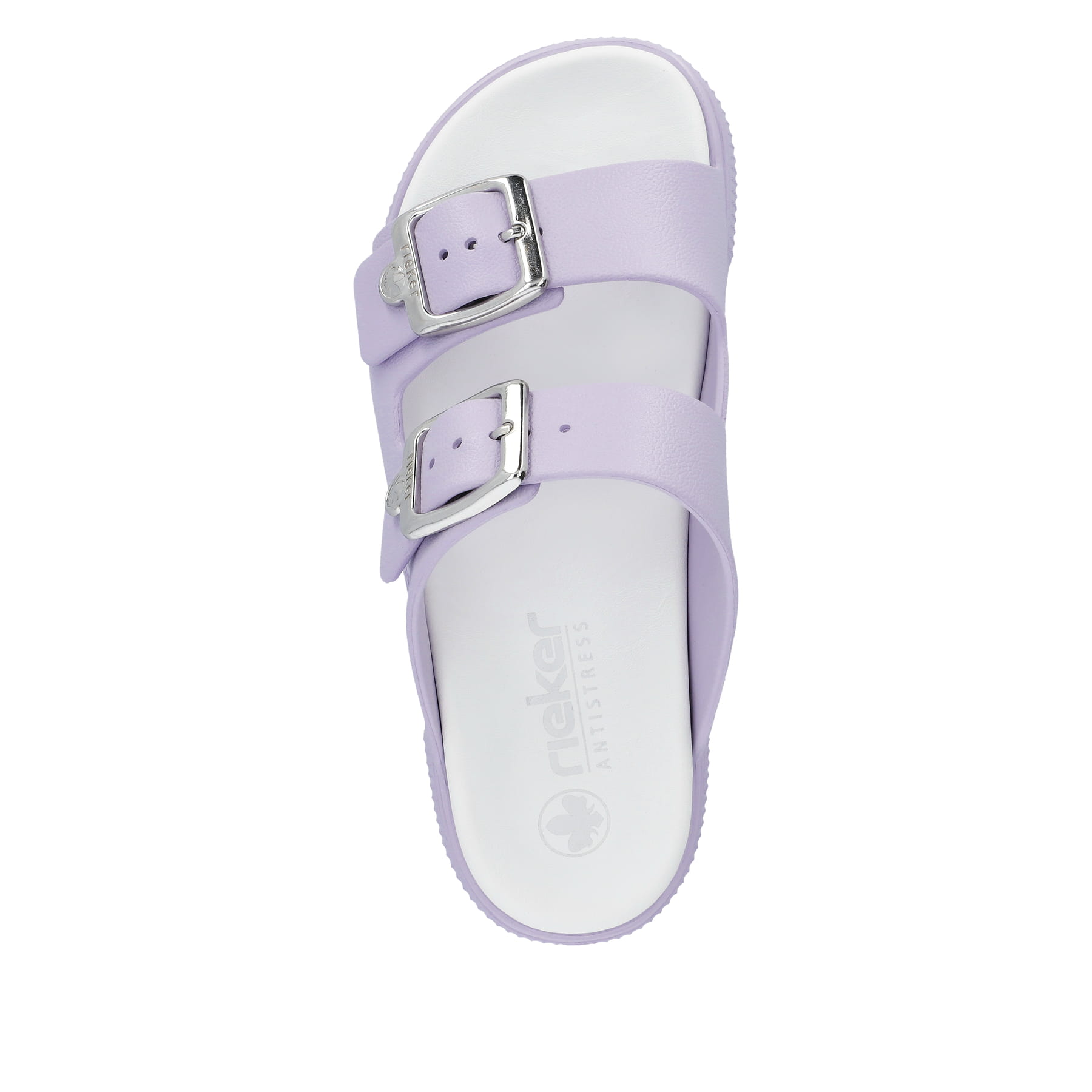 Fliederfarbene Rieker Damen Pantoletten P2180-30 mit einer Schnalle. Schuh von oben.