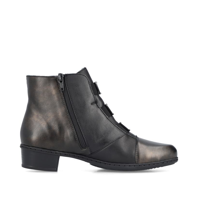 Bottines Rieker noires pour femme Y0764-00 avec imprimé léopard. Chaussure vue de l'arrière.