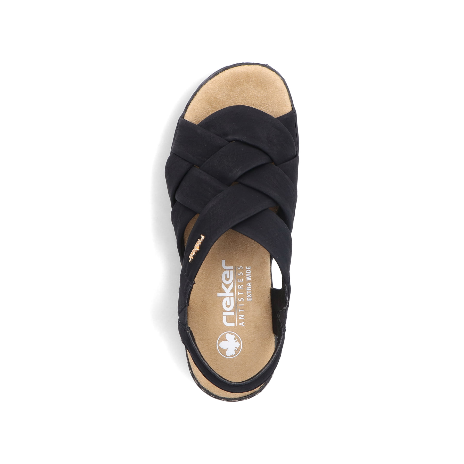 Schwarze Rieker Keilsandaletten 62908-00 mit einem Gummizug. Schuh von oben.