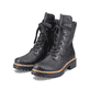 
Graphitschwarze Rieker Damen Biker Boots 72612-00 mit Schnürung und Reißverschluss. Schuhpaar schräg.
