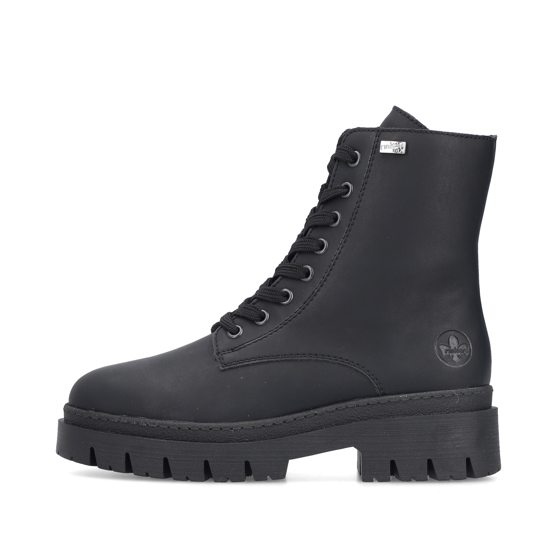 Schwarze Rieker Damen Biker Boots Z9447-00 mit wasserabweisender TEX-Membran. Schuh Außenseite.