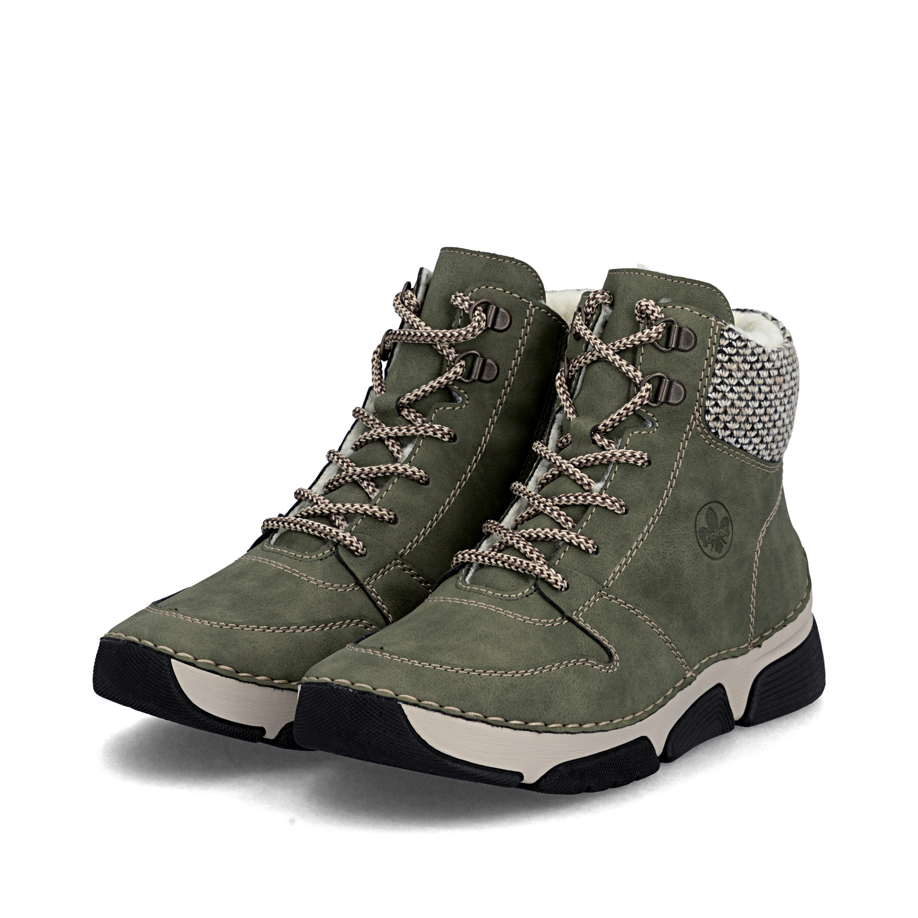 Khaki-schwarze Rieker Damen Schnürstiefel 45955-54 mit Strick-Kragen. Schuhpaar seitlich schräg.