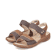 Braune Rieker Damen Riemchensandalen V2860-24 mit handgestickten Nähten. Schuhpaar seitlich schräg.