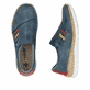 Blaue Rieker Damen Slipper N4264-14 mit einem Gummizug. Schuh von oben, liegend.
